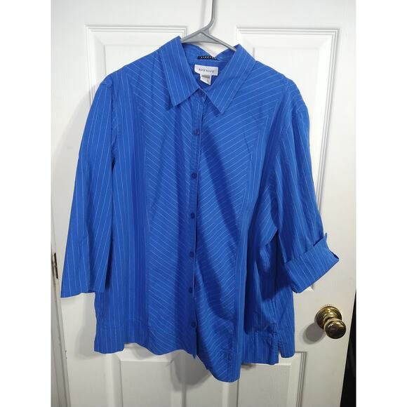 Avenue Woman 18/20 Shirt Blue Striped Classic Collared Button 3/4 Sleeve - Picture 1 of 8
